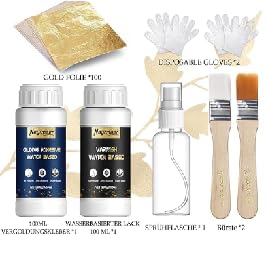 Blattgold Kleber Set,Blattgold Kleber Set für Handwerk,100 Stück Imitationsblattgold Wasserbasierter,Pinsel und Sprühflasche Vielseitig für Dekoration und Restaurierung,Goldfolie zum Basteln von PEGRAUFC