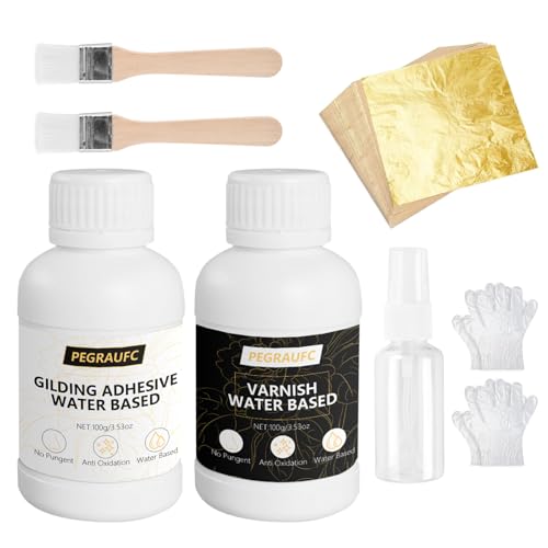 Blattgold Kleber Set,Blattgold Kleber Set für Handwerk,100 Stück Imitationsblattgold Wasserbasierter,Pinsel und Sprühflasche Vielseitig für Dekoration und Restaurierung,Goldfolie zum Basteln von PEGRAUFC