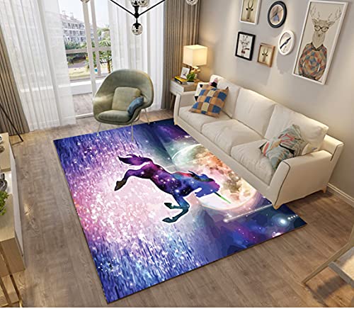 3D Galaxis Einhorn Pferd Tier Muster Kinder Mädchen Jungen Teppich Schlafzimmer Dekorativ Kinderzimmer,Matten Krabbelmatte Modern Weichem Flanell Kinderteppiche Waschbar (Lila blau,120 x 160 cm) von PEIHUODAN