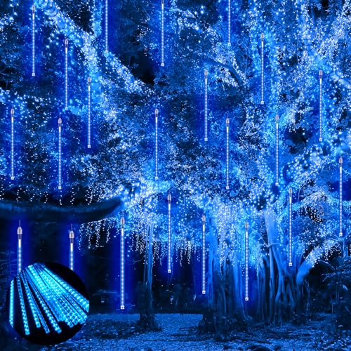 PEMOTech Meteorschauer Lichterkette Außen, 11.7 m, 15 Röhren, 30 CM, 540 LEDs, Weihnachtsbeleuchtung Meteorschauer Lichterkette,Eiszapfen-Lichter für Weihnachtsdeko, Halloween, Hochzeitsfeier, blau von PEMOTech