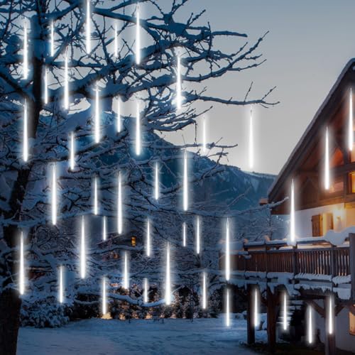 PEMOTech Meteorschauer Lichterkette Außen, 12m, 15 Röhren, 30 CM, 540 LEDs, Weihnachtsbeleuchtung Meteorschauer Lichterkette,Eiszapfen-Lichter für Weihnachtsdeko, Halloween, Hochzeitsfeier, weiß von PEMOTech