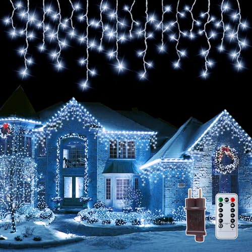 Eisregen Lichterkette Außen [mit Fernsteuerung]PEMOTech 85 Tropfen 10m 423 LEDs Lichterkette Einstellbare Helligkeit 8 modi Zeitschaltuhren Weihnachtsbeleuchtung außen Weihnachten für Balkon, Geländer von PEMOTech