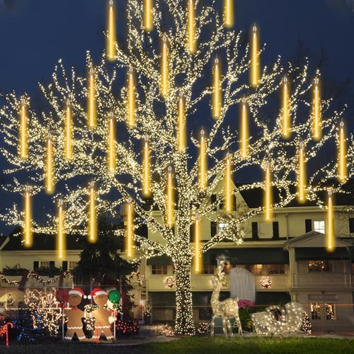 PEMOTech Meteorschauer Lichterkette Außen(27.7ft), 8 Röhren 12" 288 LED, Halloween Weihnachtsbeleuchtung Außen Meteor Shower Lichter für Weihnachtsdekoration, Indoor Outdoor für Party Festival von PEMOTech