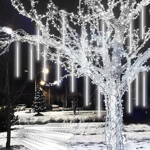 PEMOTech Weihnachtsdeko Aussen, 16 Röhren 576 LEDs, 40 cm Meteorschauer Lichterkette Außen, Wasserdicht Weihnachtsbeleuchtung für Party, Hochzeit, Baum, Garten, Weihnachtsdekoration (Glanzweiß) von PEMOTech