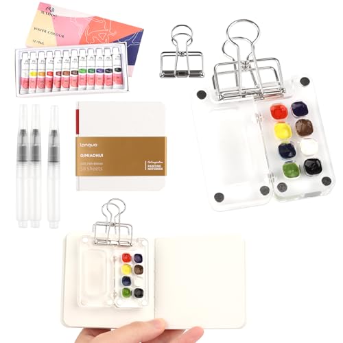 Mini Aquarell Travel Set, Skizzenbuch Palette Set 8 Grids,Tragbares Acryl Malpalette Malkasten,Skizzenbuch Palette für Künstler, Studenten,mit Aquarellpapier Journal, Aquarellpinsel Stiftel, Clip von PENCHUAN