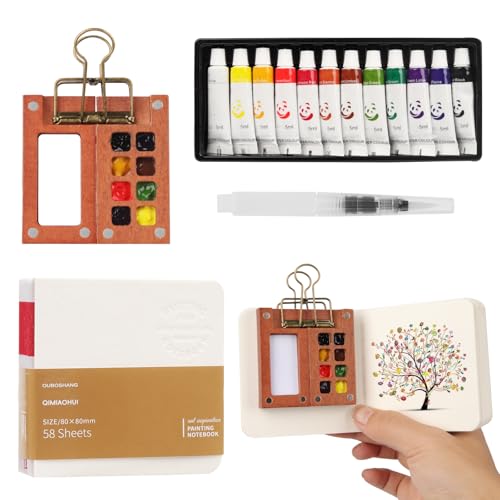 Mini Aquarell Travel Set, Skizzenbuch Palette Set 8 Grids,Tragbares Holz Malpalette Malkasten,Skizzenbuch Palette für Künstler, Studenten,mit Aquarellpapier Journal, Aquarellpinsel Stiftel, Clip von PENCHUAN