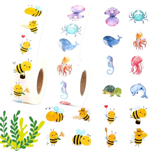 Runde Tier Aufkleber, 1000 PCS Sticker Tiere Meerestier Aufkleber, Ozean Stickers aufkleber kinder,Bienen Tier Aufkleber,Selbstklebende Cartoon Tiermotive Aufkleber für Schulprojekte, Party, Basteln von PENCHUAN