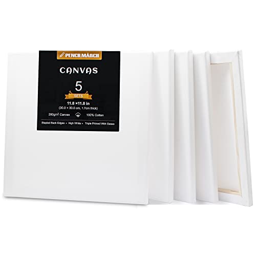 Leinwandbretter zum Malen, 30 x 30 cm, 1.6 cm, Künstler-Leinwandrahmen, 280 g/m², 100% Baumwolle, säurefrei, dreifach grundiert, mittlere Körnung, professionelle Künstler, Bleistift, 5 Stück Leinwandbretter zum Malen, 30 x 30 cm, 1.6 cm, Künstler-Leinwandrahmen, 280 g/m², 100% Baumwolle, säurefrei, dreifach grundiert, mittlere Körnung, professionelle Künstler, Bleistift, 5 Stück von PENCILMARCH