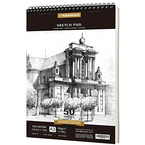 PENCILMARCH Spiralgebundener Skizzenblock,Sketchbook, A3 180 g/m² 50 Blätter. Zeichenblock für Künstler. Ideal für das Atelier, die Schule oder zu Hause von PENCILMARCH