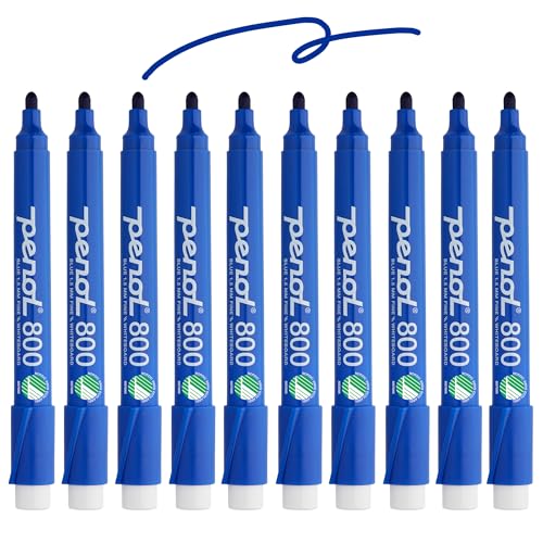 PENOL Whiteboard-Marker, 10 Whiteboard Stifte in der Farbe Blau – 800, 1,5 mm Rundspitze, Trocken Abwischbarer Marker mit Nordic Swan Ecolabel, Geruchlose Folienstifte für Büro und Schule von PENOL