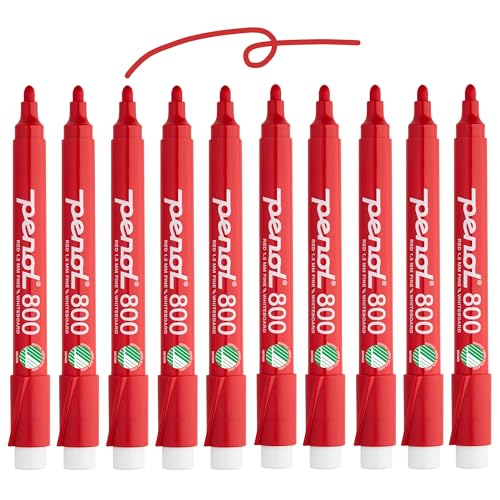 PENOL OF SCANDINAVIA 10 Roter Whiteboard-Marker – 800, 1,5 mm Rundspitze mit Nordic Swan Ecolabel – UNGIFTIG UND GERUCHLOS – Kunststoffschaft mit Anti-Roll-Kappe von PENOL