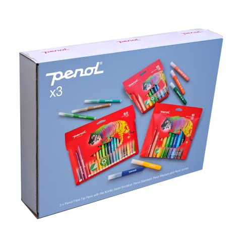 PENOL OF SCANDINAVIA Krea Activity Box – 3er-Pack stoßfeste Faser Filzstifte mit Nordic Swan Ecolabel – langlebige Malstifte, Geschenk für Kinder (Standard, Medium, Jumbo) von PENOL