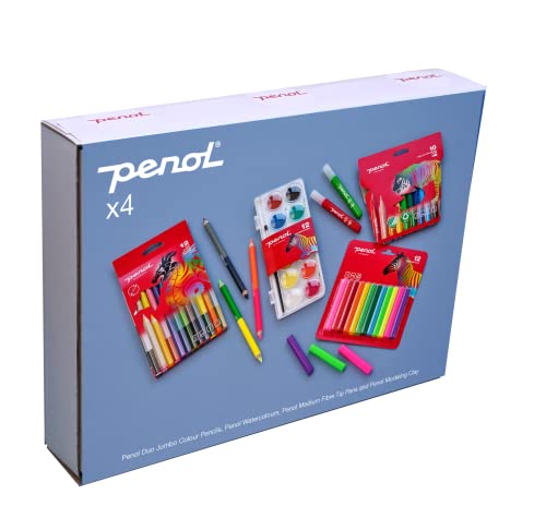 PENOL OF SCANDINAVIA Krea Activity Box – Faserfilzstifte mit Nordic Swan Ecolabel – 4 Sets in 1 (Duo-Farbstifte, Wasserfarben, Faserstifte, Modelliermasse) – Zeichen-Geschenkset für Kinder von PENOL