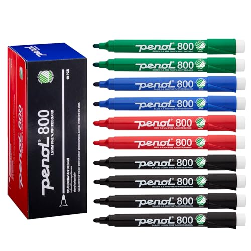 PENOL OF SCANDINAVIA Whiteboard-Marker – 800, 1,5 mm Rundspitze mit Nordic Swan Ecolabel – UNGIFTIG und GERUCHLOS – 4 Stück Schwarz, 2 Stück Blau, Rot und Grün von PENOL