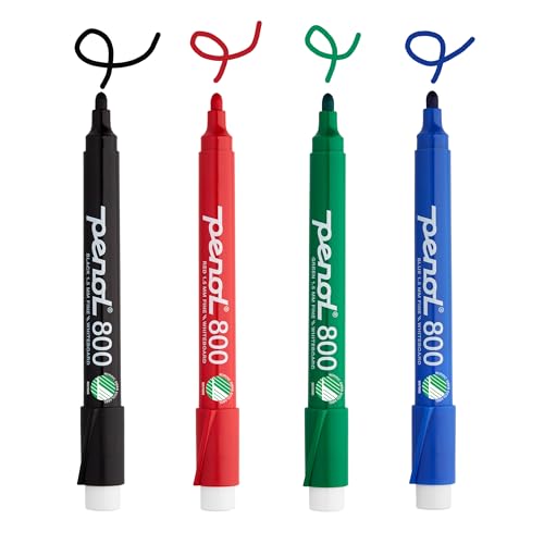 PENOL OF SCANDINAVIA Whiteboard-Marker – 800, 1,5 mm Rundspitze mit Nordic Swan Ecolabel – UNGIFTIG & GERUCHLOS – Schwarz, Blau, Rot, Grün (4er-Pack, 1 von jeder Farbe) von PENOL