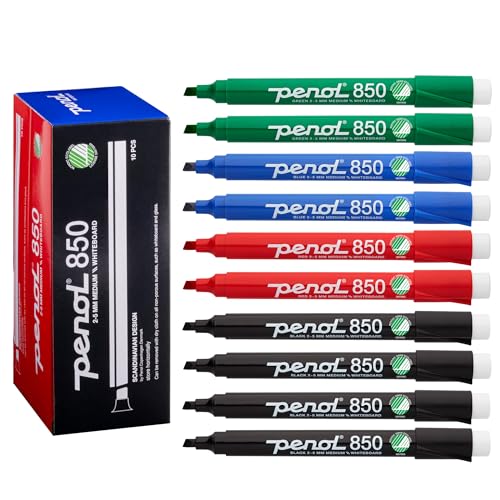 PENOL Whiteboard Marker, 10 Whiteboard Stifte in der Mehrfarbig – 850, 2–5 mm Keilspitze, trocken abwischbarer Marker mit Nordic Swan Ecolabel, geruchlose Folienstifte für Büro und Schule von PENOL