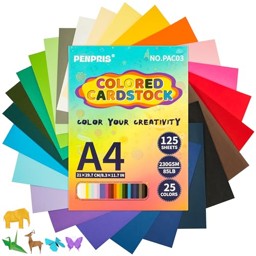 Farbiger A4-Karton, schweres Kartonpapier, 125 Blatt Karton für die Kartenherstellung, Handwerk, Scrapbooking, 25 Farben, 230 g/m² PAC03 von PENPRIS