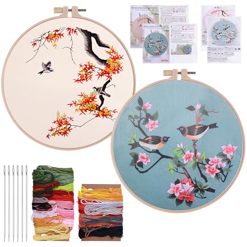 Sticken für anfänger 2 Pack Anfänger Stickerei Set Blumenmuster Pflanzen Kreuzstich-Kit Blumen Und Vogel Stickset,DIY Stickerei Set Erwachsene für DIY Kunst,Handwerk,für Erwachsene und Kinder Anfänger von PEOVLVN