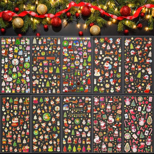 PERFETSELL 10 Blätter Weihnachtssticker Selbstklebend Weihnachten Sticker Aufkleber Glitzer Weihnachtsaufkleber Weihnachtsmann Schneeflocke Mini Xmas Aufkleber für Scrapbooking Wehinachtsgeschenk von PERFETSELL