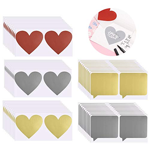 PERFETSELL 100 Stücke Rubbel Etiketten Herz Quadratisch Rubbelsticker Selbstklebend Rubbeletiketten Gold Silber Rot Rubbelaufkleber Sticker zum Basteln von Rubbelkarten Rubbellose Hochzeit von PERFETSELL