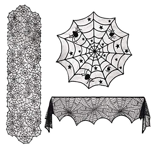 PERFETSELL 3 Stück Halloween Tischdecke Spinnennetz Schwarz Spinnweben Halloween Tischdeko Spinnen Netz Deko Kaminmantel Schal Cover für Karneval Halloween Party Tisch Kamin Dekoration von PERFETSELL