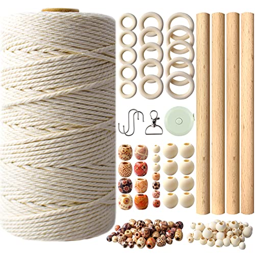 PESLNG 125 Stück Macrame Set für Anfänger, Makramee Starter Set, Makramee Garn 3mm 109 Yards, Makramee DIY Kit mit Schlüsselanhänger, Holzperlen, Bunten Holzperlen, Holzringen, Holzstäbchen, Bandmaß von PESLNG