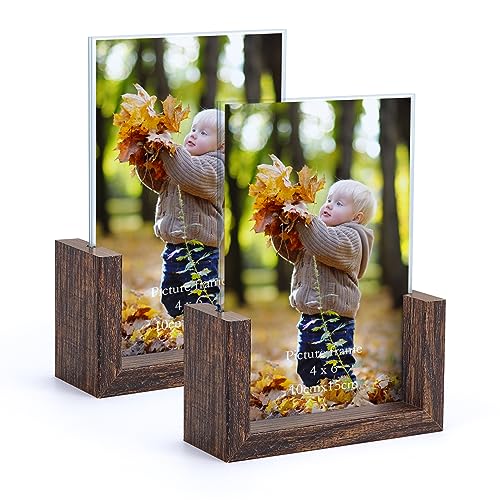 PETAFLOP 10,2 x 15,2 cm Bilderrahmen, rustikaler Holz-Bilderrahmen, 10,2 x 15,2 cm, mit HD-Glas, doppelseitiger Rahmen für Tisch-Display von PETAFLOP