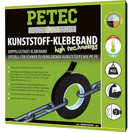 PETEC Doppelseitiges Klebeband extra stark in schwarz für Kunststoffe (PE, PP, ABS) Kunststoff Kleber 10m für schwer zu verklebende Materialien 87210 von PETEC