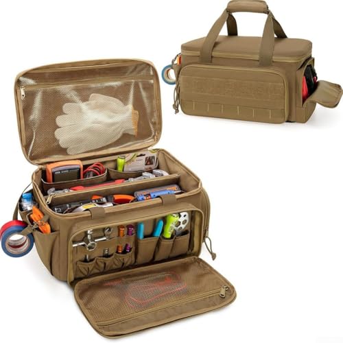 PETSTIBLE Multifunktionale Arbeitstasche mit leicht zugänglichen Reißverschlüssen, Elektriker-Werkzeugtasche für Handwerker, Elektriker, Tischler, Khaki, 35,6 cm von PETSTIBLE