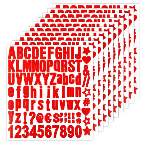 10 Bögen Alphabet Zahlenaufkleber, Vinyl-Initialenaufkleber Buchstaben und Zahlen Aufkleberbuchstaben in Groß und Kleinbuchstaben für Briefkasten Kunst Markierung Tür Dekoration (Rot) von PEUTIER