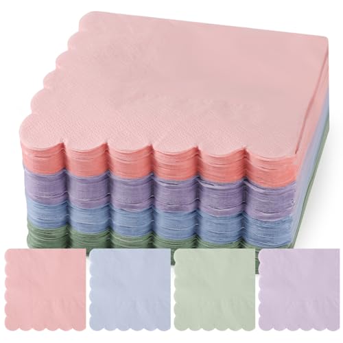 100 Stück Cocktailservietten in Pastellfarben, 25 x 25 cm Cocktailservietten mit Gewelltem Rand Quadratische Cocktailservietten für Hochzeit Geburtstag Babyparty (4 Macaron Farben) von PEUTIER