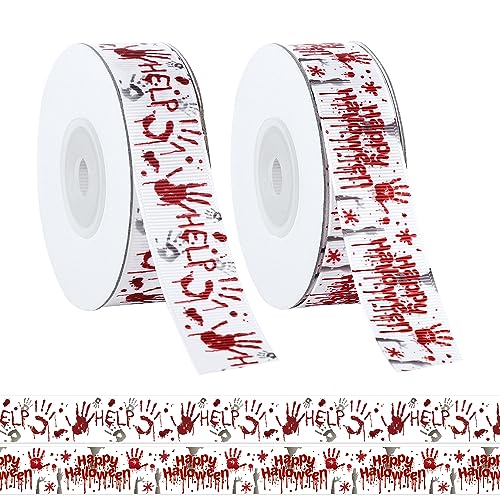 2 Rollen Halloween Bänder DIY Basteln, 18,3m Gruseliges Halloween Ribbon für Kränze Halloween Wired Band mit Drahtrand Geschenkband für Zuhause Party Dekoration (Blutiger Handabdruck) von PEUTIER