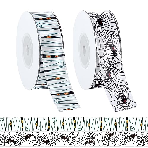 2 Rollen Halloween Bänder DIY Basteln, 18,3m Gruseliges Halloween Ribbon für Kränze Halloween Wired Band mit Drahtrand Geschenkband für Zuhause Party Dekoration (Mama, Spinnennetz) von PEUTIER