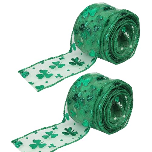 2 Rollen St. Patrick's Day Bänder, 6,35cm Breit Grün Kleeblatt Band St. Patrick's Day Drahtband Irisches Themenband St. Patricks Day Deko für Partydekorationen Geschenkverpackungen (12m) von PEUTIER