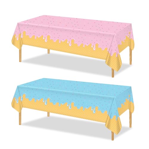 2 Stück Tischdecke Eiscreme, 274 x 136 cm Rechteckige Plastiktischdecke Wasserfest Eiscreme-Geburtstagsparty-Dekoration für Eiscreme-Mottopartys Babyparty (Rosa und Blau) von PEUTIER