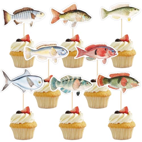 24 Stück Cupcake Topper Fisch, Lustige Geburtstagsparty-Dekorationen mit Pick & Glue Point Angel-Dessert-Cupcake-Topper Partyzubehör zum Thema Fisch für Kinder Teenager (Stil 1) von PEUTIER