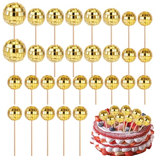 30St Cupcake Topper Disco, Discokugel Kuchen Topper Mini Kuchen Topper Disco mit Stäbchen für Kuchendekorationen Cupcake Dekor Dessert Zubehör Disco Party (Golden) von PEUTIER