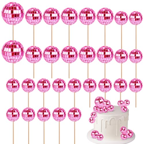 30St Disco Kugel Cupcake Topper, Mini Kuchen Topper Disco Discokugel Kuchen Topper mit Stäbchen für Dessert Zubehör Kuchendekorationen Discokugel Dekor Disco Partyzubehör (Rosa) von PEUTIER