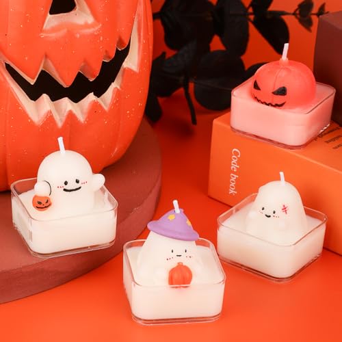 4 Mini Halloween Kerzen, 4 Arten Gruseliger Halloween Kerzen Süße Kerzen in Geisterform Kürbiskerzen Duftende Halloween Geisterkerzen als Dekoration für Halloween Partys von PEUTIER