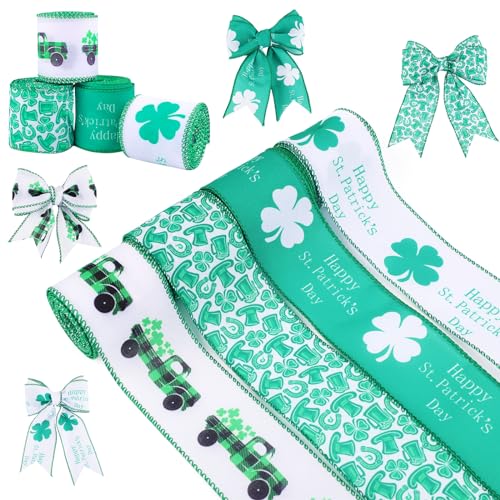 4 Rollen 5,5m St. Patrick's Day Ribbon, Kleeblattband Kleeblattband mit Draht Irisches Band mit Draht Grünes Band für Geschenkverpackungen Partys Festivals Dekoration (6,3cm) von PEUTIER