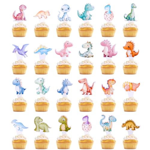 48 Stück Dinosaurier Cupcake Topper, Süß Cartoon Dinosaurier-Cupcake-Picker für Dino-Thema Geburtstagsparty Babyparty Jungen Mädchen Kuchendekorationen Zubehör (24 Stile) von PEUTIER