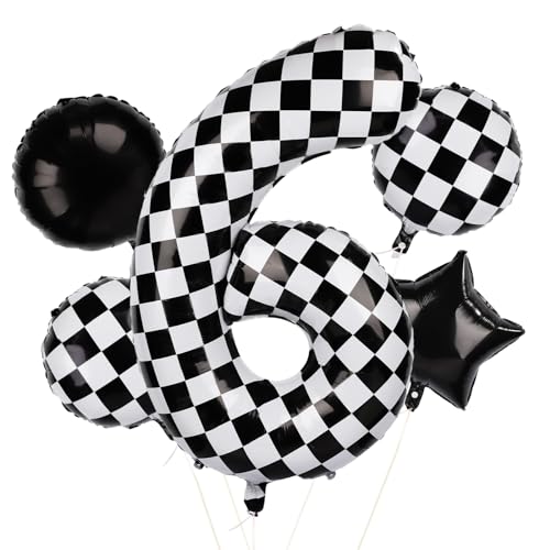 5stk Karierte Luftballons, 101,6cm Karierte Zahlenballons Schwarz-Weiße Rennwagen-Nummern-Geburtstagsballons für Rennwagen-Themenparty-Dekorationszubehör (Nummer 6) von PEUTIER