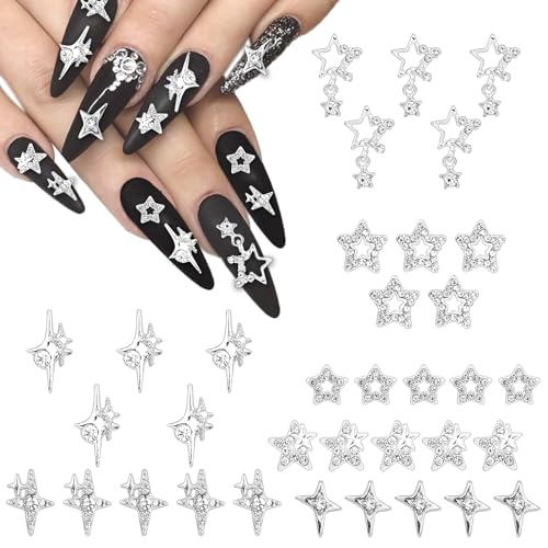 70stk Silberner Stern-Nagelanhänger, 7 Stile 3D-Kristall-Stern-Nagelanhänger mit Strasssteinen Y2K Diamant-Pentagramm-Nageldekoration Schmuck für Acrylnägel DIY-Handwerk von PEUTIER