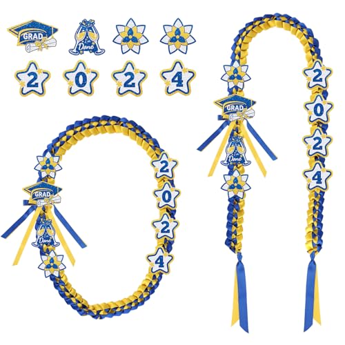 9 Stück Abschlussband-Lei, Graduation Leis 2024 Abschluss-Halsgirlande Blumen-Leisen für den Abschluss Hut Quaste Schnörkel-Design Abschlussgeschenke für High School College (Blaues Gold) von PEUTIER