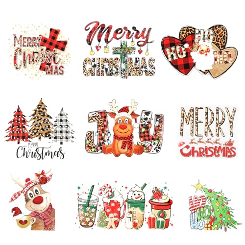 9 Stück Weihnachts Aufnäher zum Aufbügeln für Kleidung, Groß Patches zum Aufbügeln Weihnachten Weihnachtsbaum Elch Weihnachtsmann-Muster Wärmetransfer Vinyl für T-Shirts Hoodies Taschen von PEUTIER