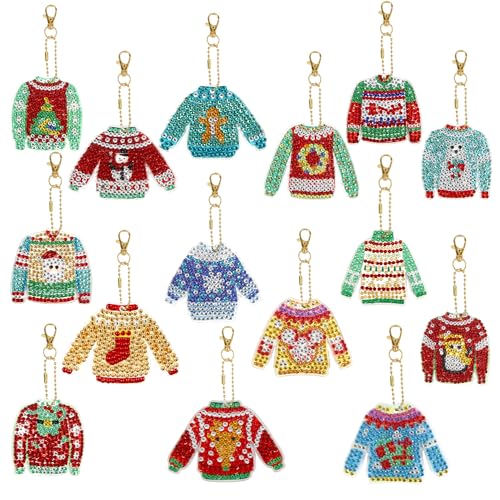 PEUTIER 15 Stück Hässlicher Pullover Weihnachten Diamant Malerei Schlüsselanhänger, Süß Schneemann Elch Schneeflocken 5D DIY Schlüsselanhänger Ornamente für Kinder Basteln Heimdekoration von PEUTIER