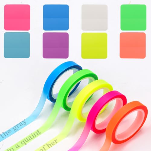 PEUTIER 5 Rollen Textmarker Band und 8St Quadrat Transparente Haftnotizen, Farbiges Transparentes Klebeband Fluoreszierende Bänder Buch Lesen Zubehör für Schüler Lehrer Klassenzimmer Büro von PEUTIER