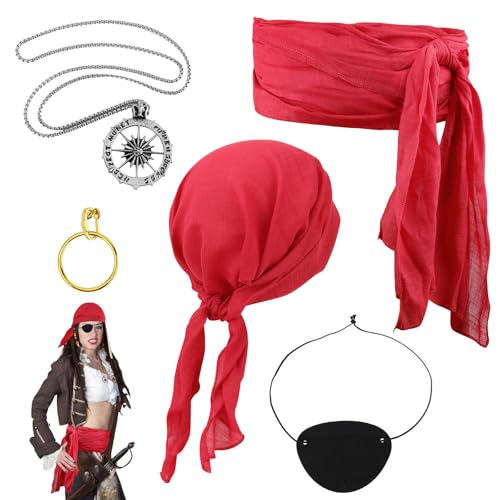 PEUTIER 5 Stk Teiliges Piratenzubehör, Rotes Stirnband Hüftband Augenklappe Anhänger Ohrring Piratenkostüm Damen Piratenkostümzubehör für Verkleidungsball Cosplay Theater von PEUTIER