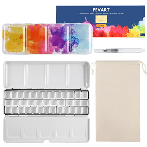 PEVART 40-teiliges Set: 1x Leere Aquarelldose Aquarellkasten Metallkasten leer Mal-Paletten, 37x Leere Aquarell Pfannen Wannen Näpfen für Aquarellfarben, 1x Wassertankpinsel, 1x Stoffbeutel von PEVART