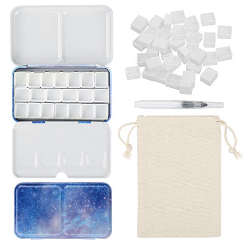 PEVART 53-teiliges Set aus 1 Leere Aquarellkasten Malkasten Metallkasten leer Mal-Paletten, 50 Leere Aquarell Pfannen Wannen Näpfen für Aquarellfarben, 1 Wassertankpinsel, 1 Aufbewahrungstasche von PEVART